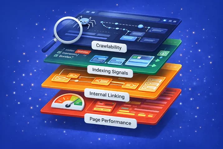 Diagram showing crawlability, indexing signals, internal links, and performance layers