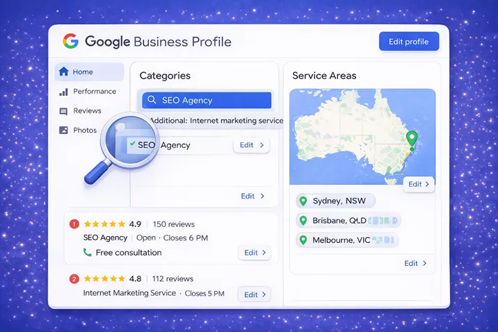 Google Business Profile dashboard highlighting categories and service areas