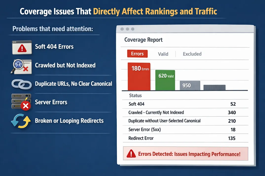 Google Search Console coverage report showing error and excluded page statuses