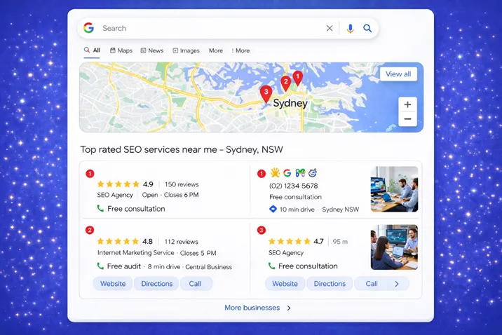 Google local pack showing business listings for a service search