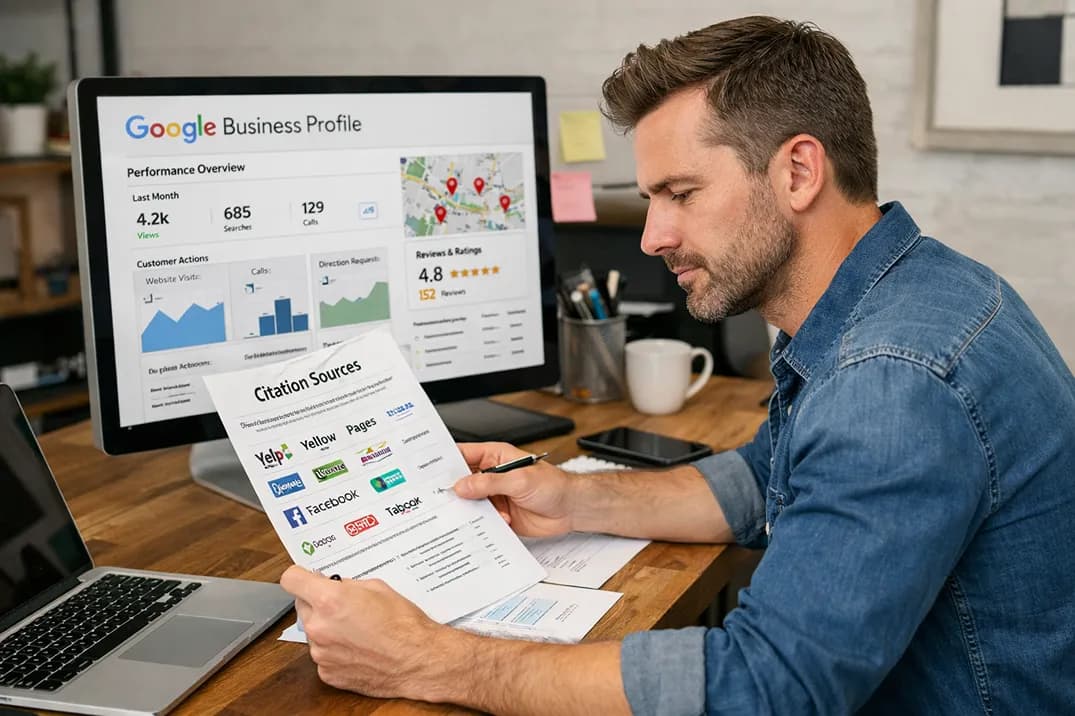 Local SEO specialist reviewing Google Business Profile data and citation sources