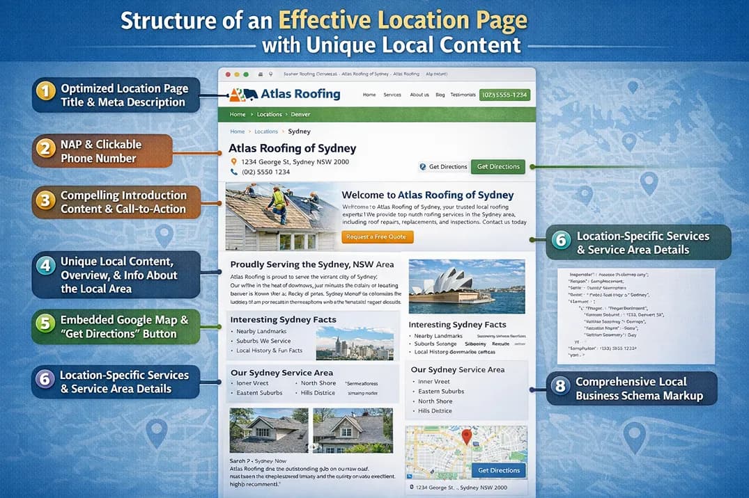 Example structure of an effective location page showing unique local content, service details, reviews, and internal links