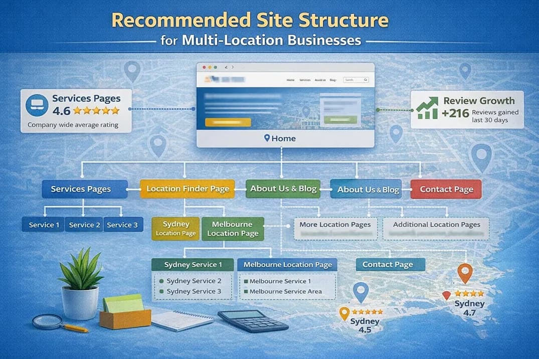 Diagram showing correct site structure for multi-location SEO with homepage linking to service pages linking to location pages
