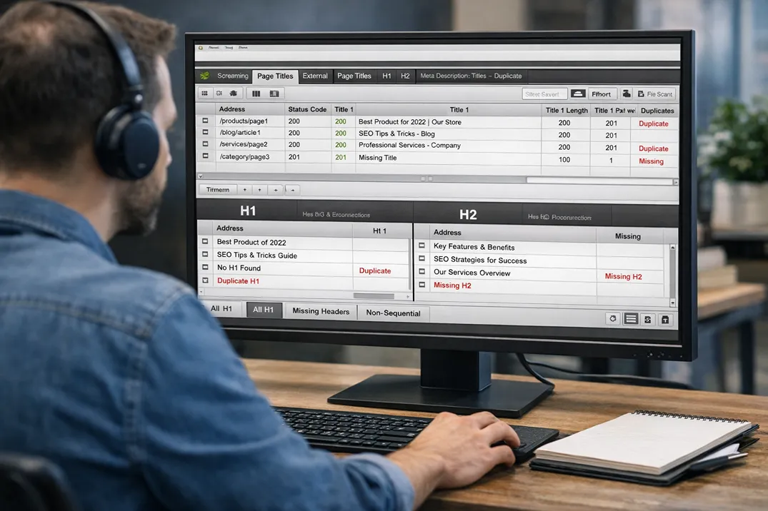 On-page SEO audit showing title tag and heading structure review across multiple pages