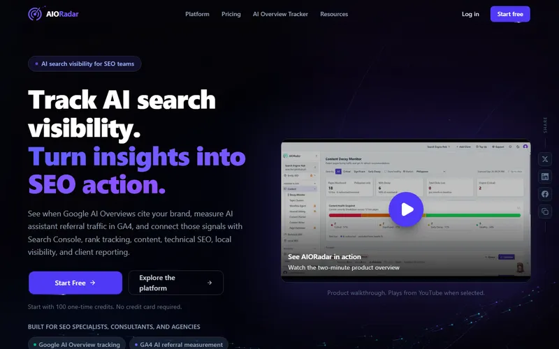 AIORadar homepage promoting AI search visibility tracking with a product dashboard preview