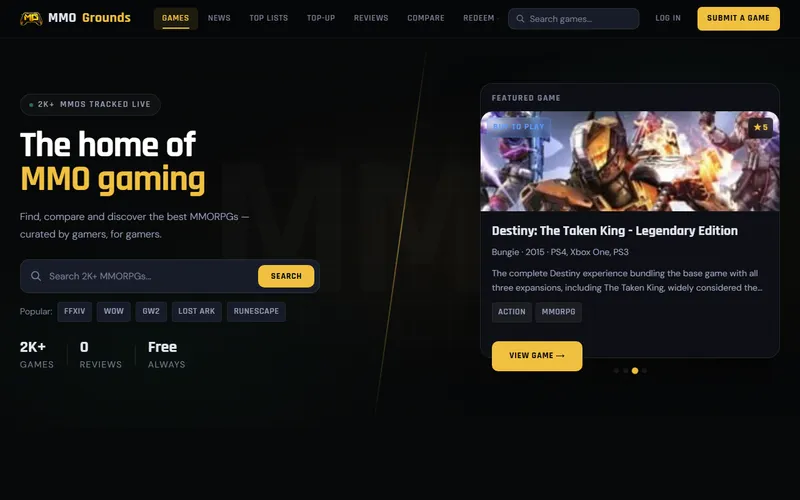 MMOGrounds homepage with game search, popular titles and a featured MMO game card
