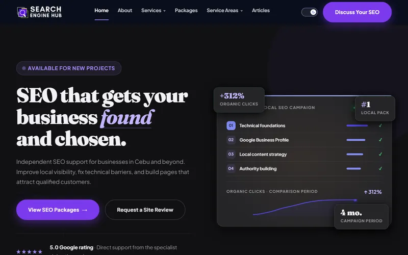 Search Engine Hub homepage showing an SEO hero section and a local SEO campaign results panel