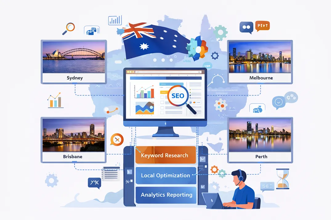 Multi-location SEO workflow connecting Sydney, Melbourne, Brisbane and Perth branches to keyword research, local optimisation and reporting