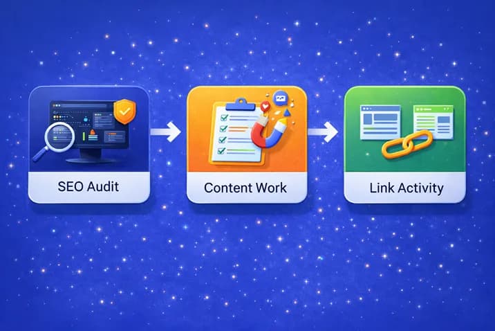 SEO workflow diagram showing audit stage before optimisation tasks