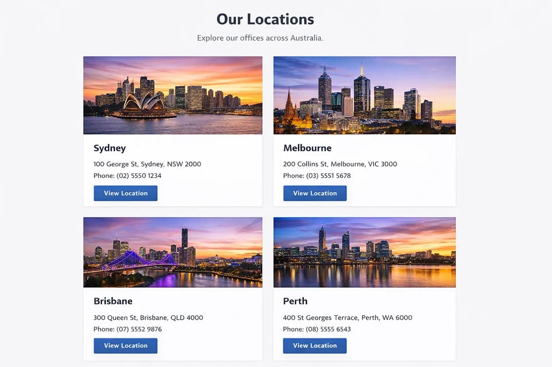 Example multi-location website with a separate page for each branch in Sydney, Melbourne, Brisbane and Perth