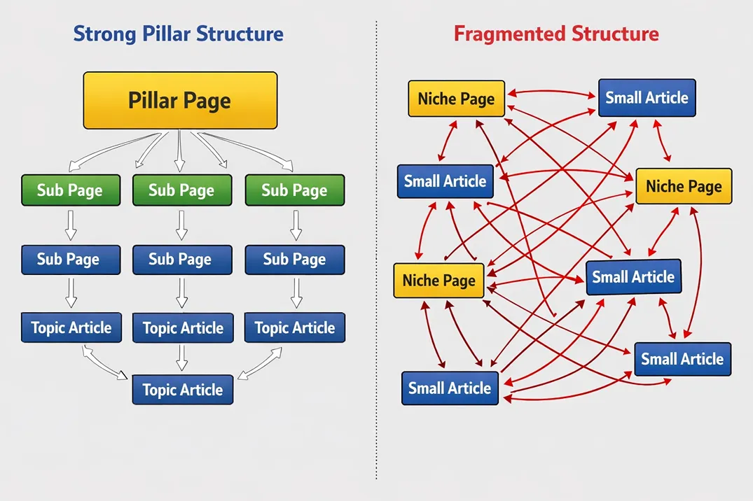 Internal linking diagram showing strong pillar structure versus fragmented structure