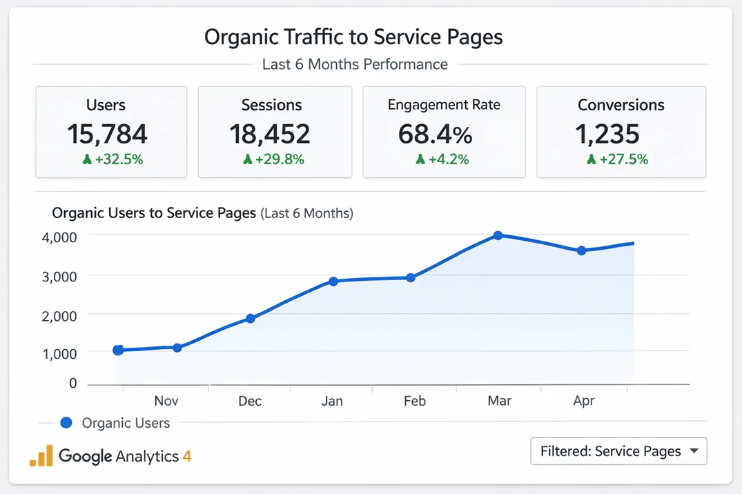 Google Analytics 4 organic traffic report filtered to show service pages only, with a rising trend line over a six-month period