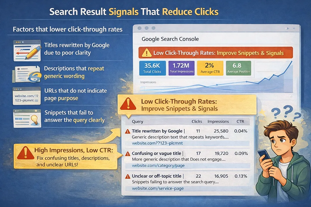 Google Search Console performance report showing impressions and low CTR