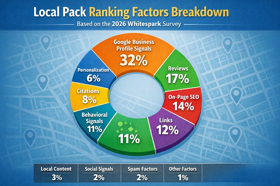 Breakdown of Local Pack ranking factors in 2026 showing Google Business Profile signals at 32%, reviews, on-page, links, citations, and behavioural signals