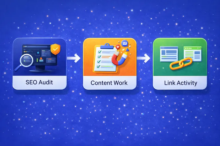 SEO workflow diagram showing audit stage before optimisation tasks