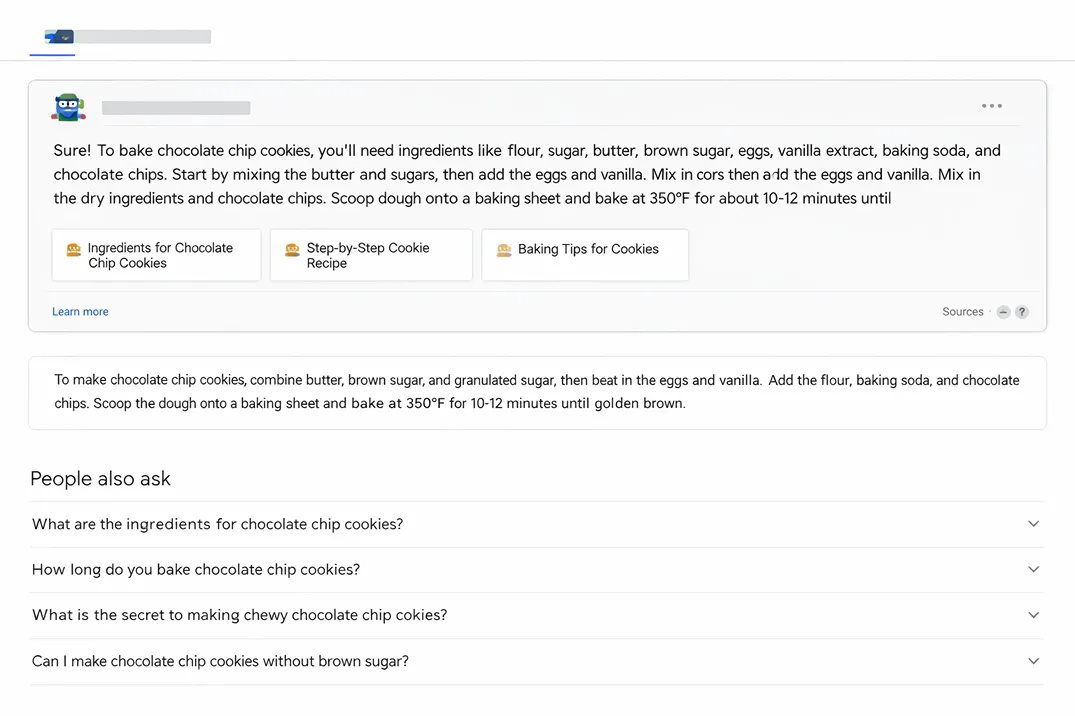 Google search results page showing AI Overview, featured snippet, and People Also Ask all appearing above organic results