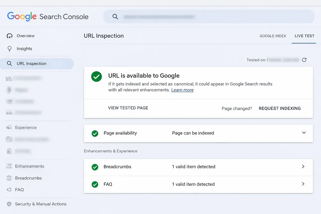 Google Search Console URL Inspection showing page can be indexed