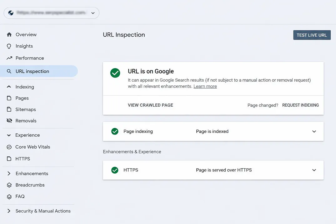 Google Search Console URL Inspection showing page is indexed