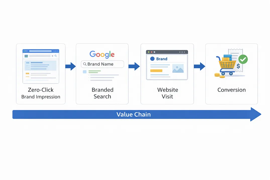 Diagram showing the value chain from zero-click brand impression to branded search to website visit to conversion